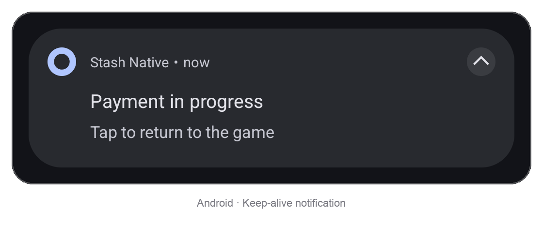Keep-alive notification on Android, reading Payment in progress and Tap to return to the game