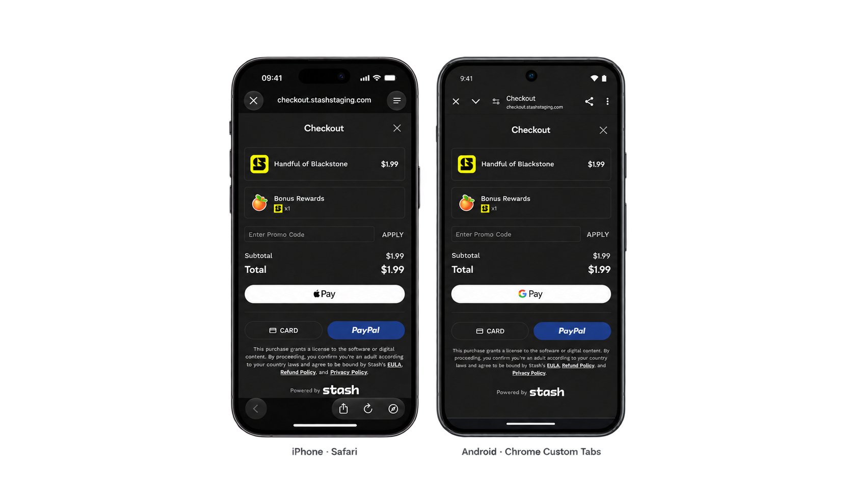Checkout in Safari View Controller on iPhone and Chrome Custom Tabs on Android